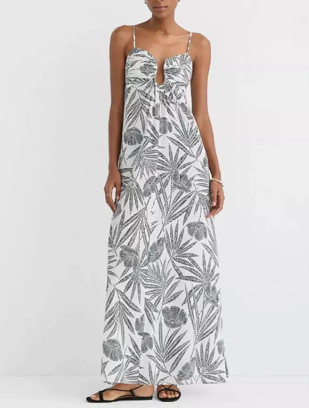 LOFT palm print hook keyhole maxi dress in white and black