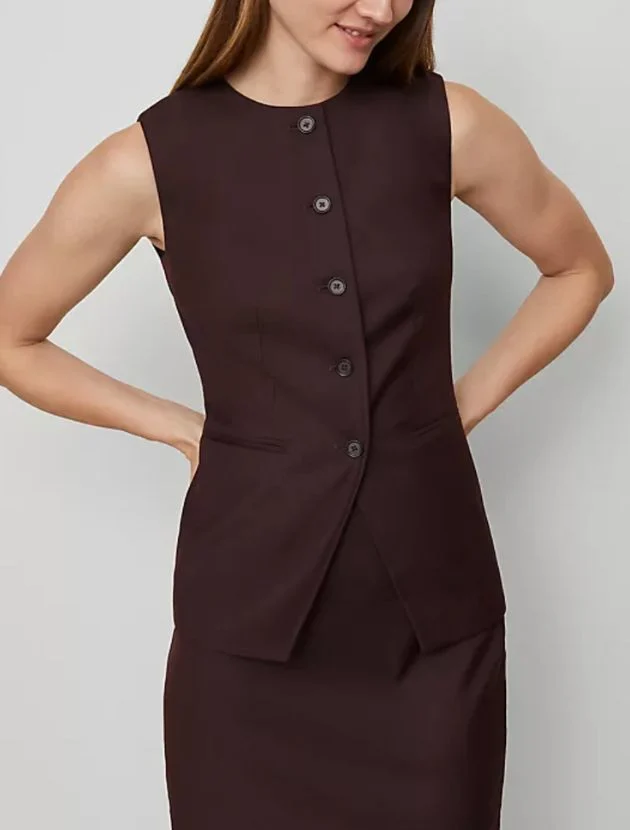 Woman wearing Ann Taylor Long Crew Neck Vest in deep chocolate, styled with coordinating pencil skirt