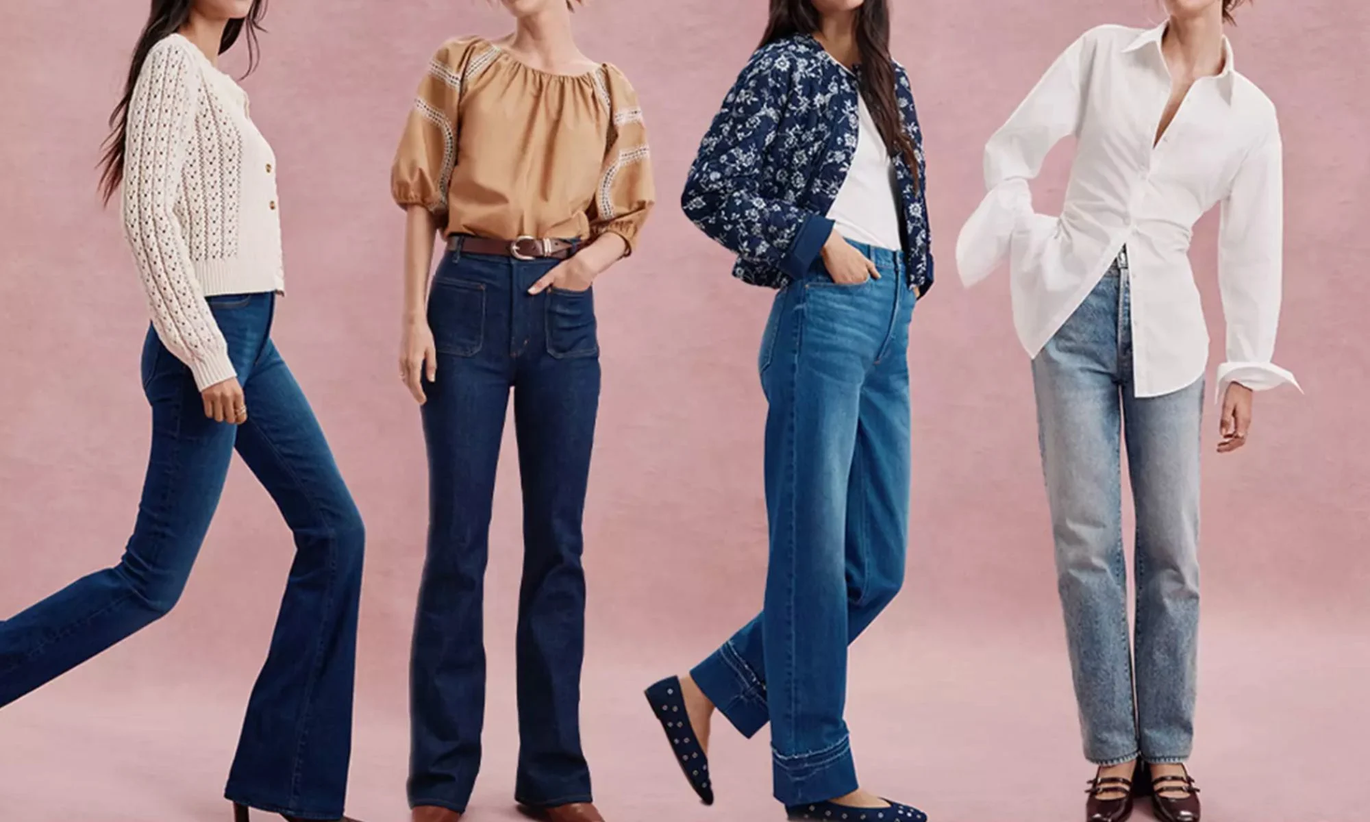 Women wearing LOFT denim and tops styled for everyday outfits