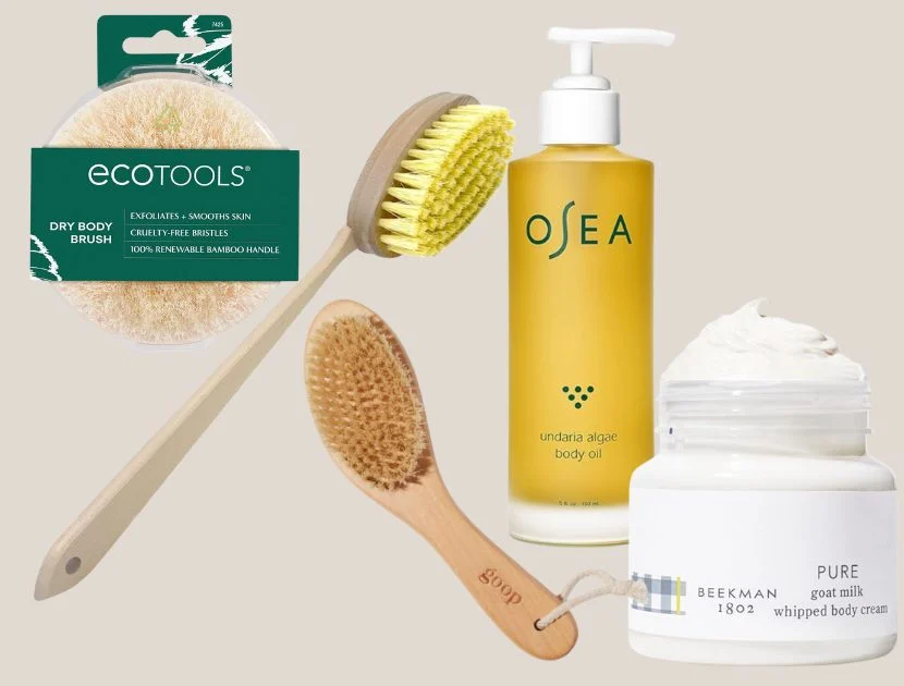 EcoTools dry brush, Goop dry brush, OSEA Undaria Algae body oil, and Beekman 1802 whipped body cream for post-dry brushing skincare