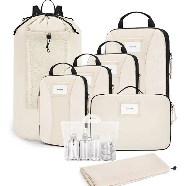 BAGSMART compression packing cubes set in beige for organized carry-on travel