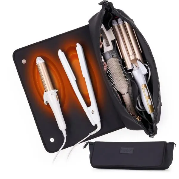 Barefoot Caribou hair tools travel bag and heat resistant mat holding curling iron and flat iron for carry-on travel