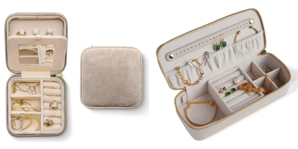 Travel jewelry organizer with compartments for necklaces, rings, and earrings designed for carry-on packing.