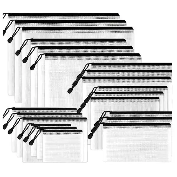 Clear mesh zipper bags for organizing toiletries, cords, and essentials in a carry-on