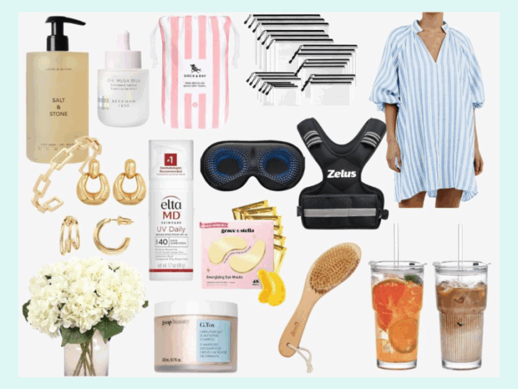 Collage of Amazon July favorites for women over 40, including striped summer dress, body wash, eye mask, gold jewelry, sunscreen, weighted vest, iced coffee cups, and skincare products