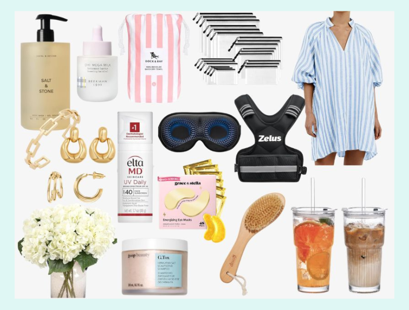 Collage of Amazon July favorites for women over 40, including striped summer dress, body wash, eye mask, gold jewelry, sunscreen, weighted vest, iced coffee cups, and skincare products