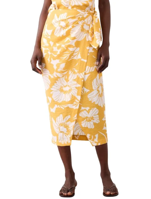 Yellow and white floral wrap midi skirt from Banana Republic Factory styled for women over 40