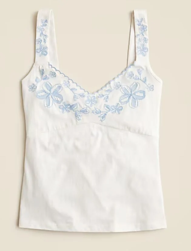 J.Crew embroidered jersey tank top in ivory with light blue floral detail for women over 40