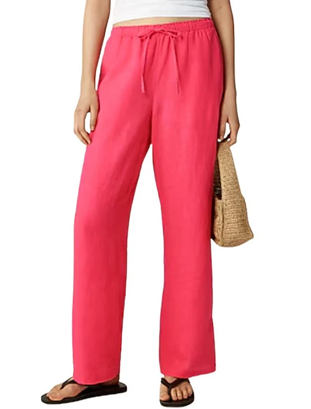Bright pink wide-leg linen pants from J.Crew with elastic waist, styled for women over 40