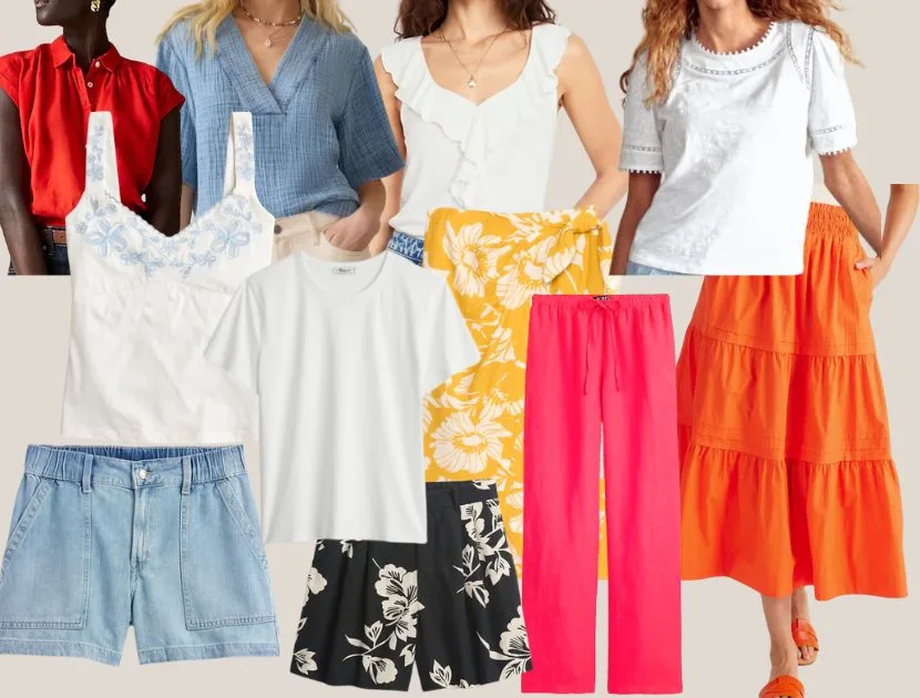 July best-selling summer fashion for women over 40 including white tops, floral shorts, tiered skirts, and bright colors