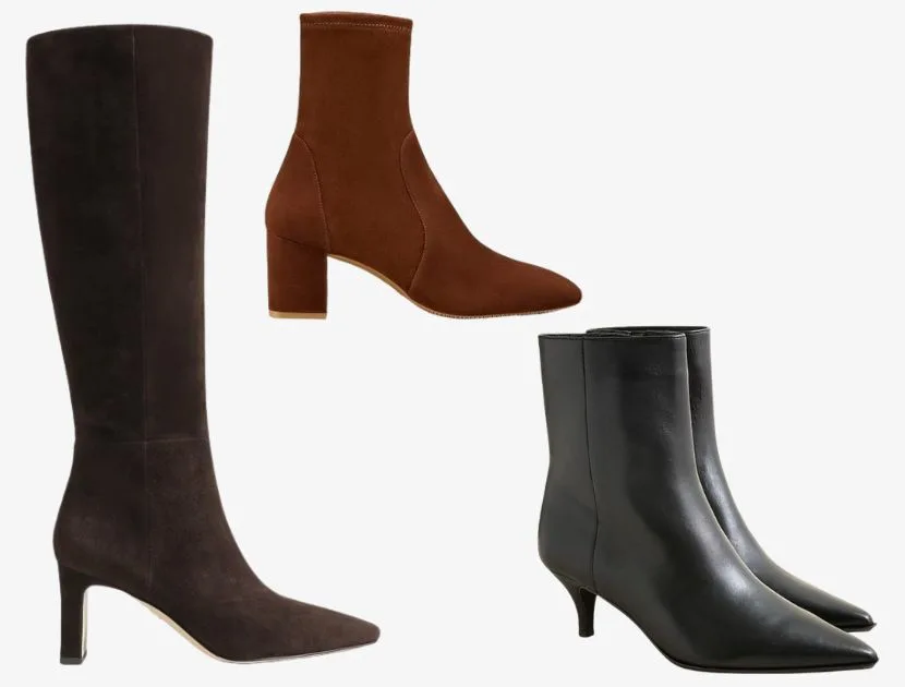 Three pairs of stylish fall boots for women over 40, including tall brown suede boots, mid-shaft block heel boots in coffee suede, and black ankle boots with a sleek silhouette.