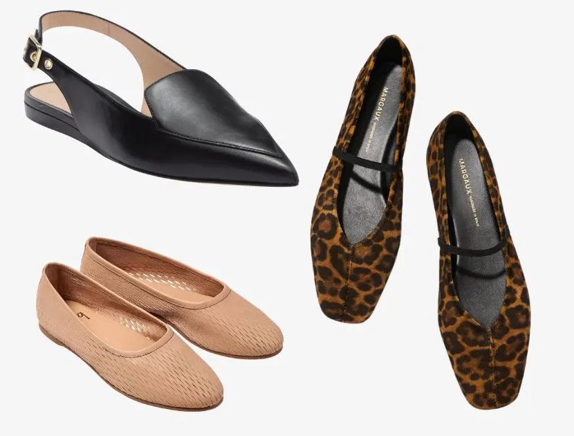 Three pairs of stylish fall flats for women over 40, including black slingback flats, tan woven flats, and leopard print flats with a strap.