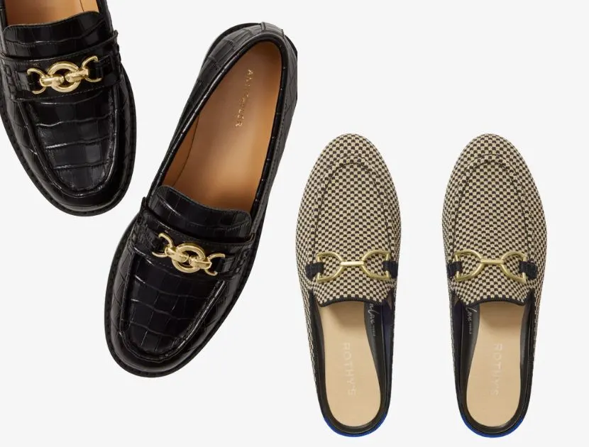 Black croc-embossed Ann Taylor loafers and check-patterned Rothy’s loafers — chic, timeless styles for women over 40 in fall 2025.