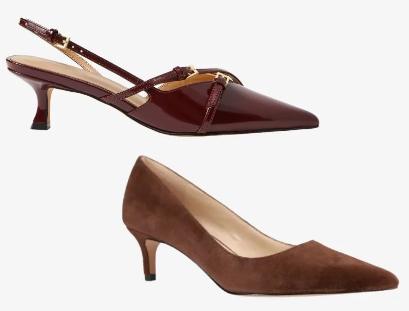 Burgundy patent slingback pump and brown suede kitten heel pump — elegant, versatile shoes for women over 40 in fall 2025.