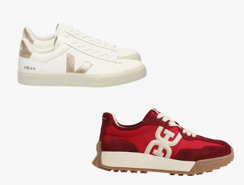 Two pairs of fashionable sneakers for women over 40, including white Veja leather sneakers and red Sam Edelman retro-inspired trainers.