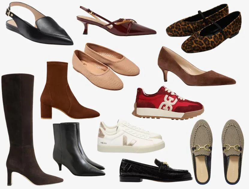 Collage of fall 2025 shoes for women over 40, including black slingbacks, burgundy kitten heels, leopard flats, suede boots, ankle boots, white sneakers, red sneakers, and black loafers.