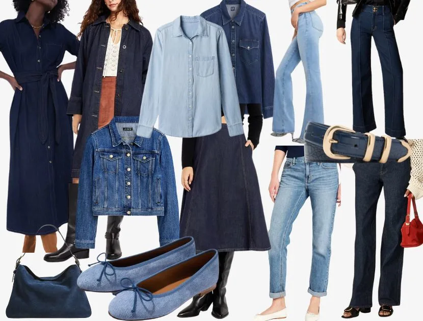 A roundup of wearable denim trends for 2025, including denim dresses, skirts, jackets, shirts, and jeans in classic dark and light washes.