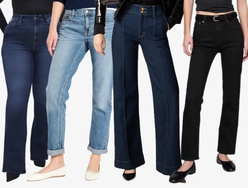 Four pairs of women&rsquo;s jeans from J.Crew, Old Navy, Good American, and Gap, featuring straight-leg, boyfriend, wide-leg, and black denim styles for women over 40 in 2025.
