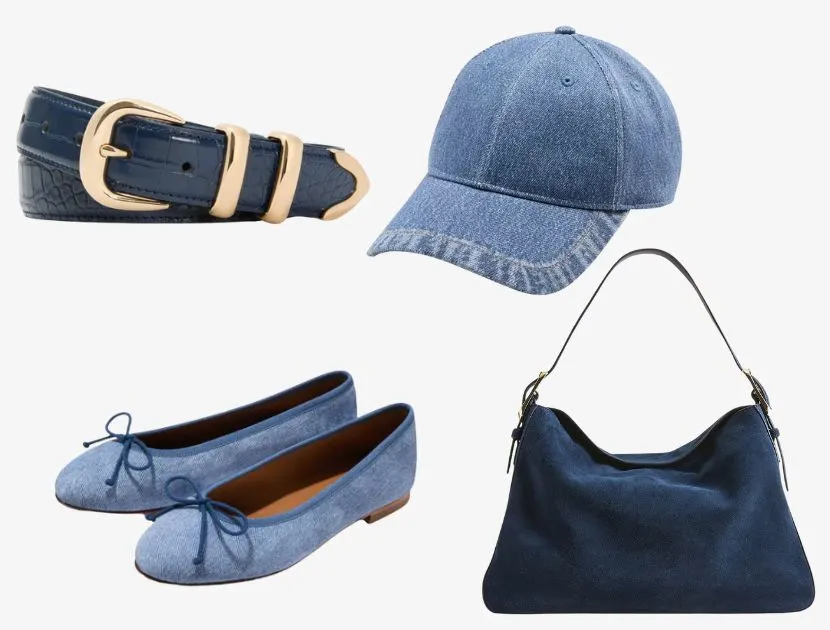Denim accessories for women in 2025, including a navy belt from Tuckernuck, suede shoulder bag from J.Crew, denim ballet flats from Margaux, and a rag & bone denim baseball cap.