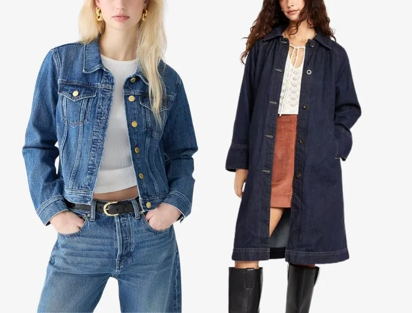 Two women wearing denim outerwear, one in a classic blue denim jacket from J.Crew and the other in a dark wash denim trench coat from Old Navy, highlighting updated denim jacket trends for 2025.