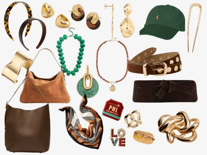 Collage of fall 2025 accessory trends for women over 40, including suede and leather handbags in brown tones, gold sculptural jewelry, chunky resin and semi-precious bead necklaces, statement belts, tortoise headbands, silk polka dot scarf, cashmere wrap, city-themed brooches, and a green baseball cap.