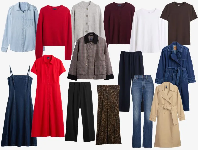 Gap Fall Capsule Wardrobe 2025 featuring 15 timeless pieces including denim, trench coat, sweaters, dresses, and trousers styled for women over 40