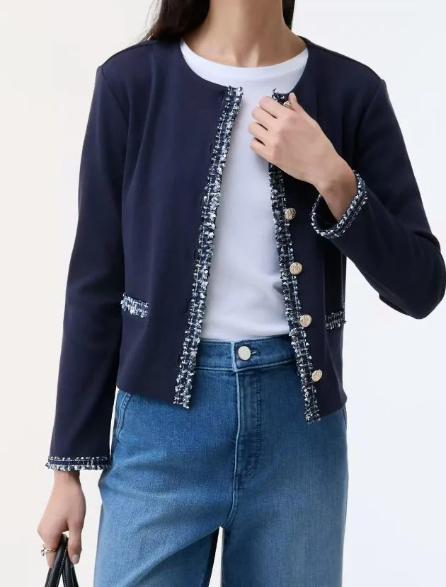 Ann Taylor fringe trim knit jacket styled with dark denim