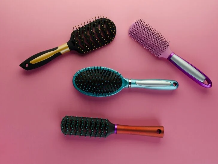 Assorted hair brushes used for detangling, smoothing, and styling different hair types