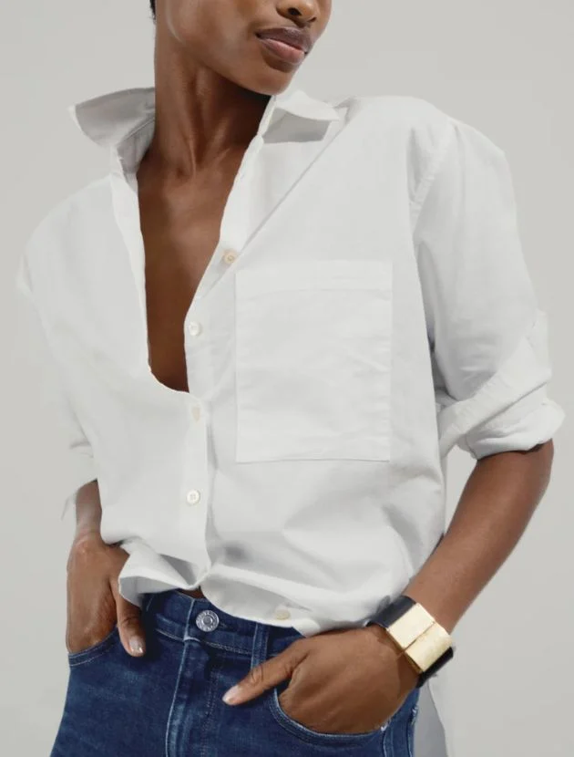 White AYR Deep End Shirt styled with blue jeans, a polished everyday button-down for women over 40