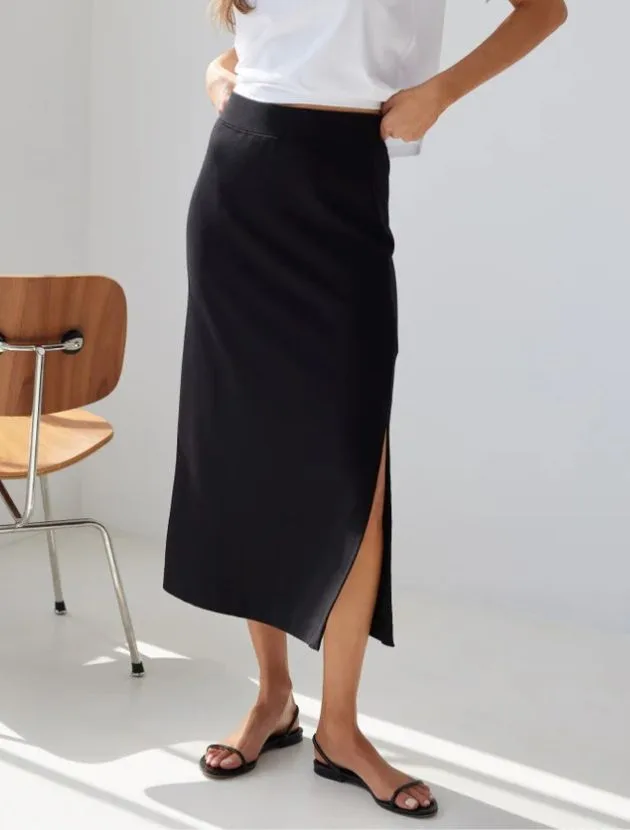 Black AYR High Hopes Skirt styled with a white tee, a polished pull-on column skirt for women over 40