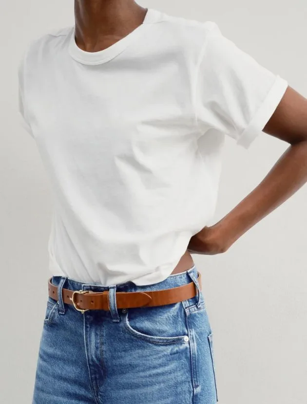 White AYR Practice Tee styled casually, an elevated everyday t-shirt for women over 40