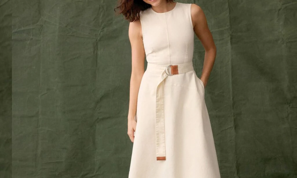 Sleeveless neutral belted midi dress from Banana Republic Factory