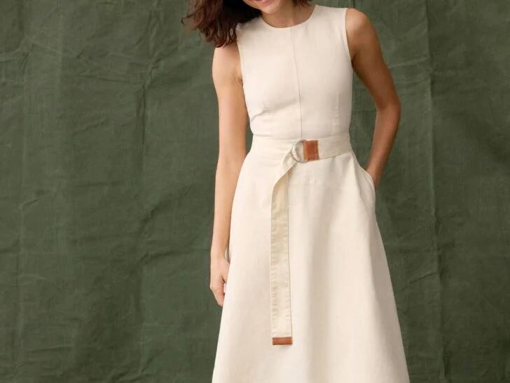 Sleeveless neutral belted midi dress from Banana Republic Factory