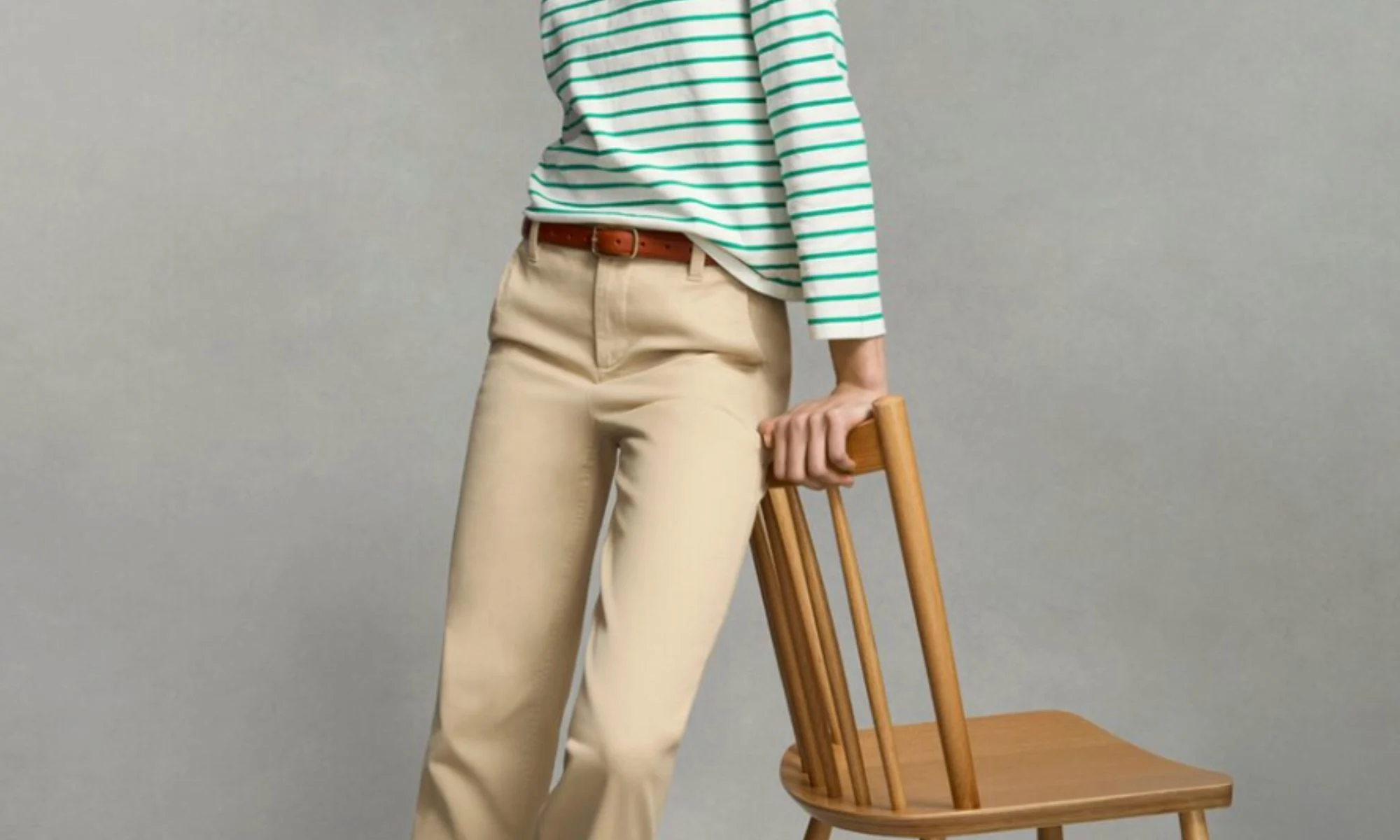 Spring outfit featuring J.Crew Factory striped top and khaki straight-leg pants