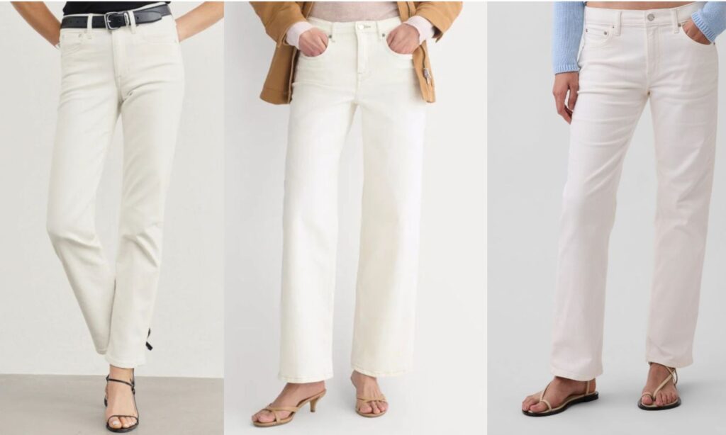 Three pairs of straight leg white jeans for women over 40 in warm white and ecru washes