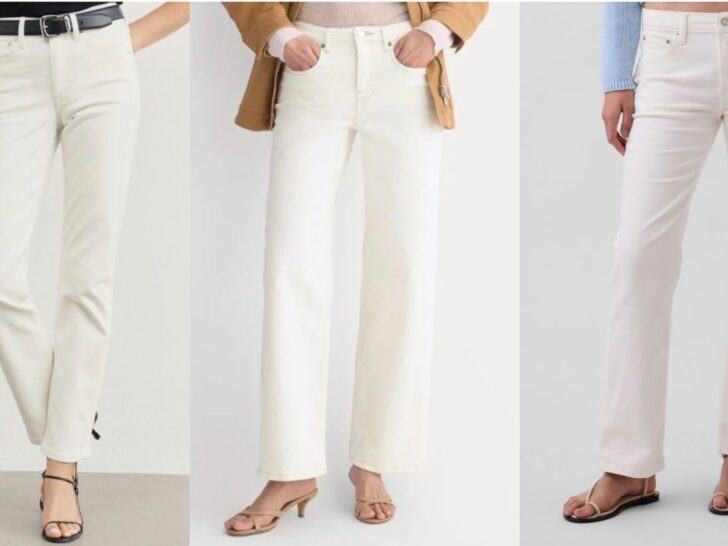 Three pairs of straight leg white jeans for women over 40 in warm white and ecru washes