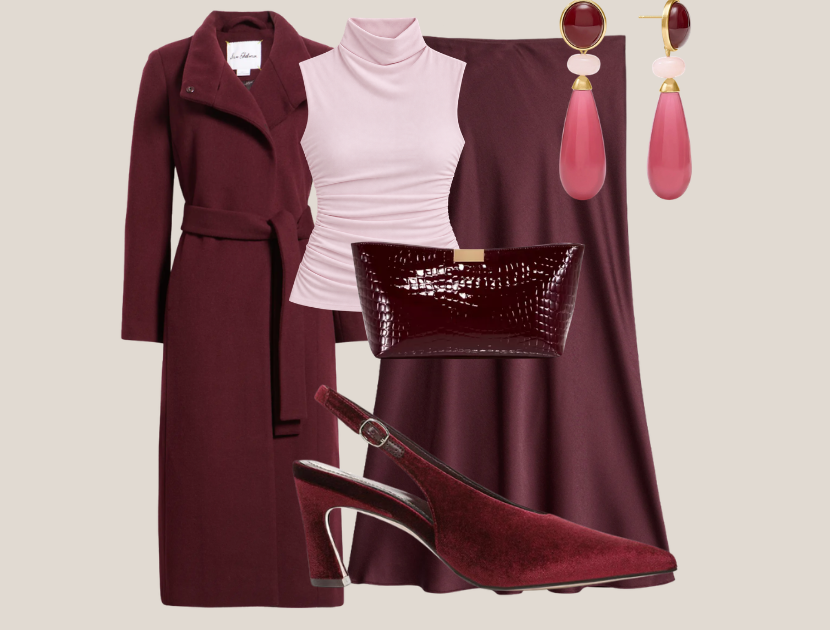 Banana Republic Factory burgundy satin midi skirt with a burgundy Sam Edelman belted wool-blend coat, petal pink sleeveless mock neck top, burgundy croc-embossed patent clutch, burgundy velvet slingback heels, and pink drop earrings
