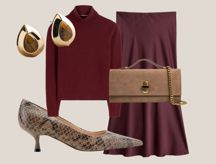 Banana Republic Factory burgundy satin midi skirt with a burgundy Boden cashmere roll neck sweater, taupe snakeskin kitten-heel pumps, a taupe suede clutch with gold chain, and tiger's eye stud earrings