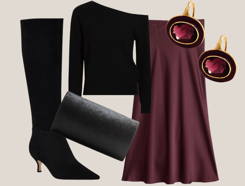 Banana Republic Factory burgundy satin midi skirt with a black off-the-shoulder cashmere sweater, tall black boots, a black calf hair clutch, and gold earrings with burgundy stones