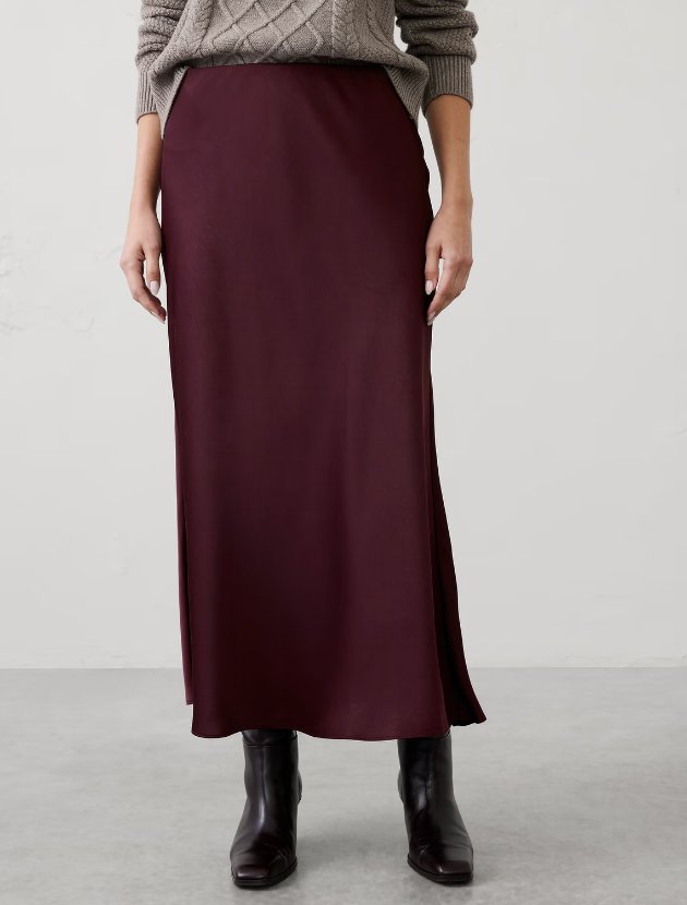 Banana Republic Factory Satin Midi Skirt in a deep wine shade, one of the fall 2026 trends