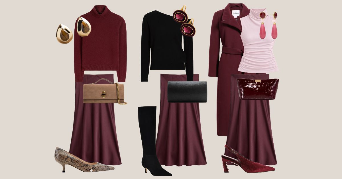 Banana Republic Factory burgundy satin midi skirt styled three ways: with a burgundy cashmere roll neck and snakeskin pumps, with a black one-shoulder sweater and black suede tall boots, and with a burgundy wool-blend coat, petal pink sleeveless top and velvet slingbacks