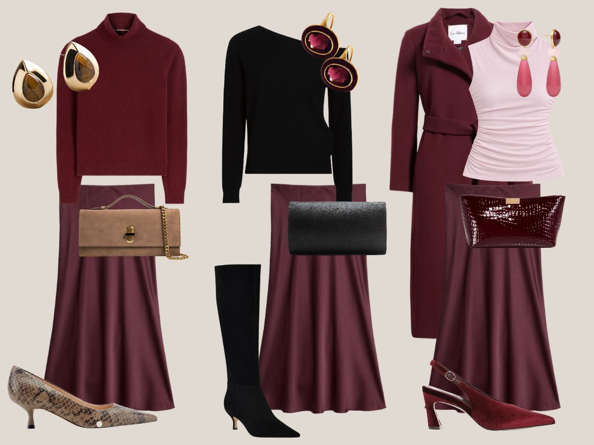 A Burgundy Satin Skirt Makes Holiday Dressing Easy. Here Are Three Ways to Wear It.