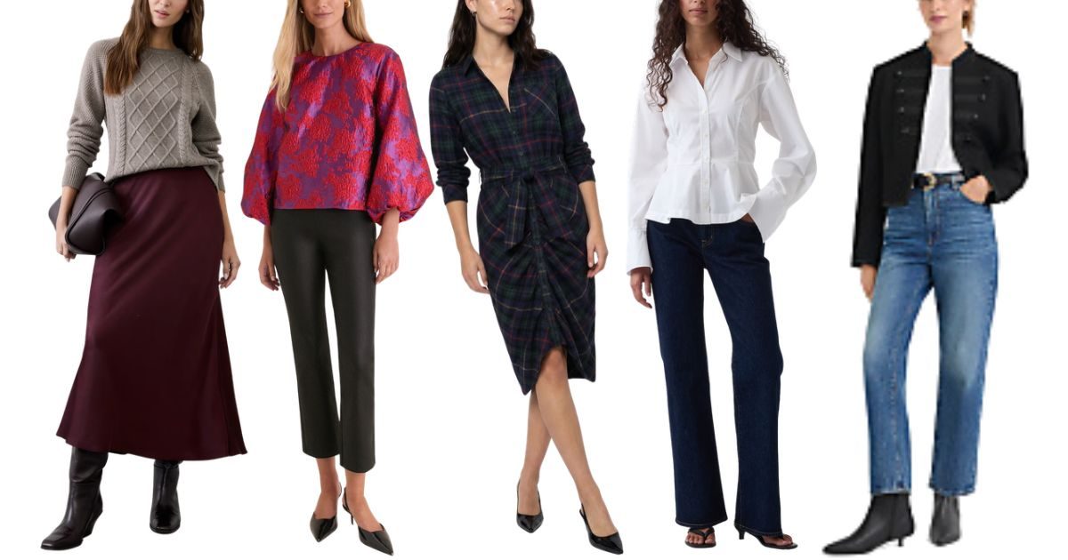 Five fall 2026 trends: burgundy satin skirt, jacquard blouse, plaid wrap dress, peplum shirt, and military jacket