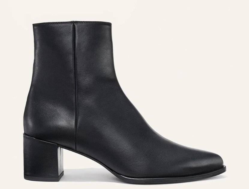Margaux The Downtown Boot in black calf leather, a pointed-toe ankle boot with a 2.5-inch stacked heel