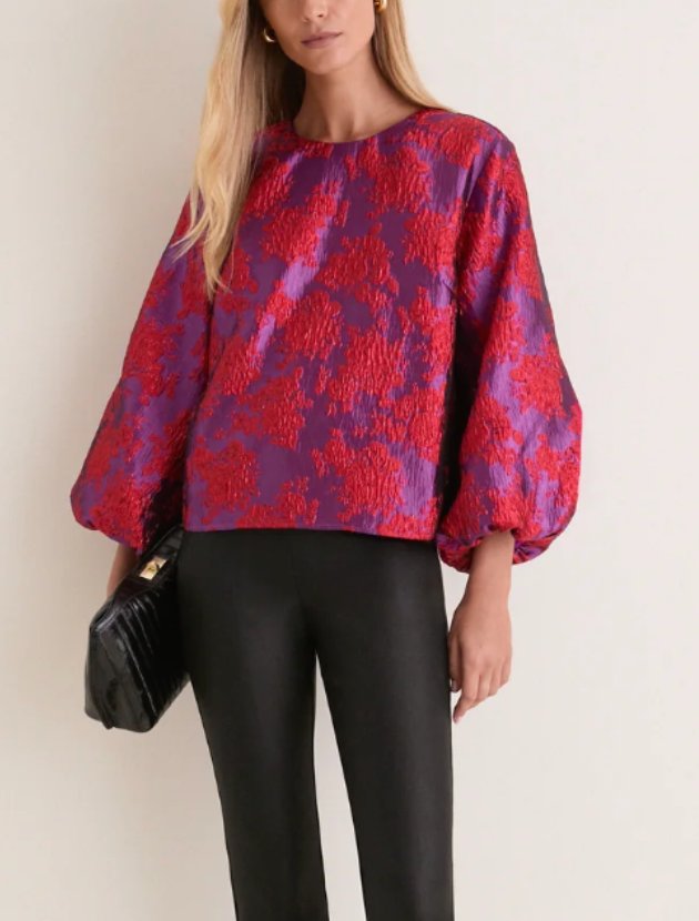 Tuckernuck Purple Red Jacquard Janie Blouse, a decorative fabric trend for fall 2026
